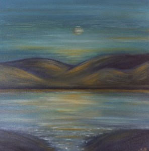 A storytime scape of a lough glowing in the moonlight
