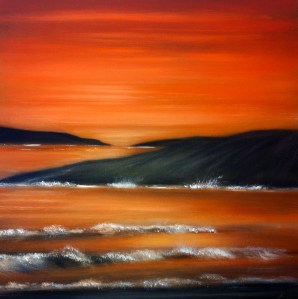 A dreamscape view of a Donegal Bay under a fiery sunset