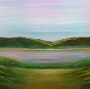 A painting of rolling glens surrounding a tranquil lake